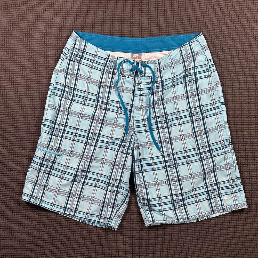 Nike Board Shorts Mens Size 34 Blue Plaid Drawstring Swim Surf Trunks - Picture 1 of 8